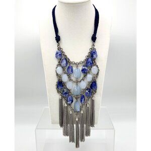 CHICO'S STATEMENT BLUE STONE SILVER CHAIN TASSEL BIB NECKLACE W/ BRAIDED CORD